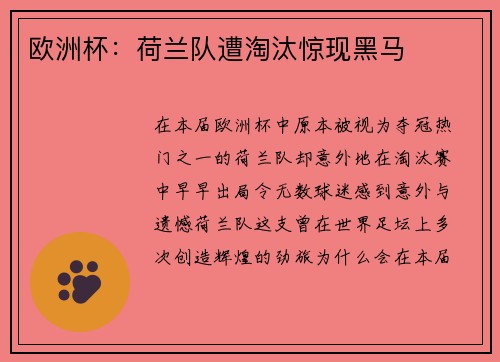 欧洲杯：荷兰队遭淘汰惊现黑马