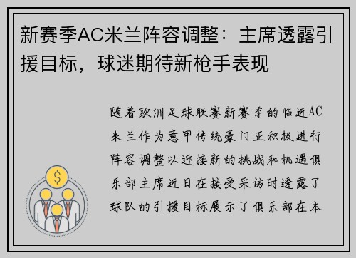 新赛季AC米兰阵容调整：主席透露引援目标，球迷期待新枪手表现